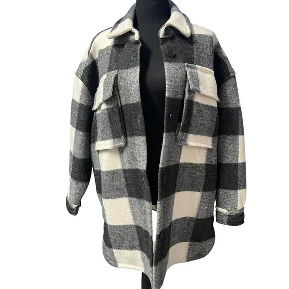 Abercrombie & fitch Oversized Jacket Women M Black White Buffalo Plaid Shacket - Picture 2 of 9
